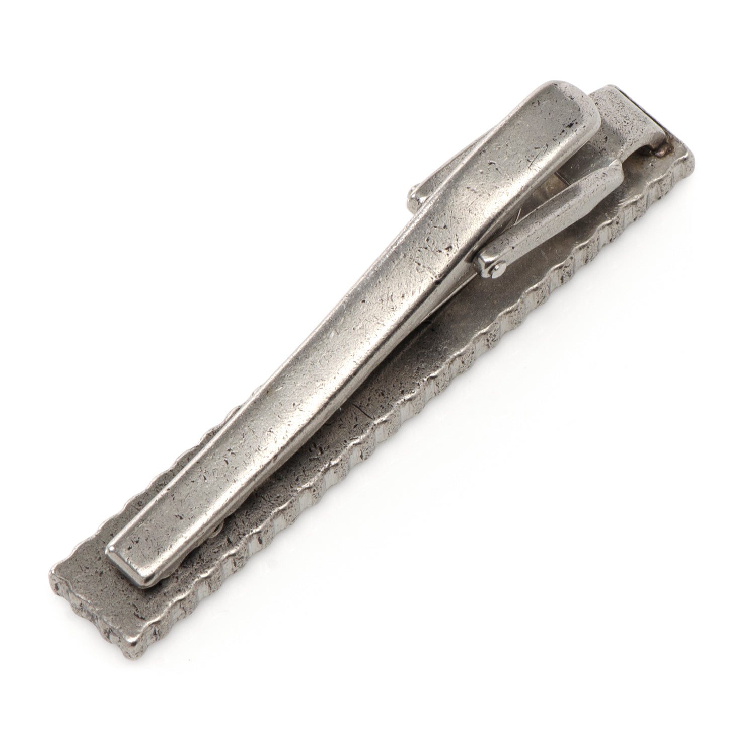 Silver tie clip on a white background