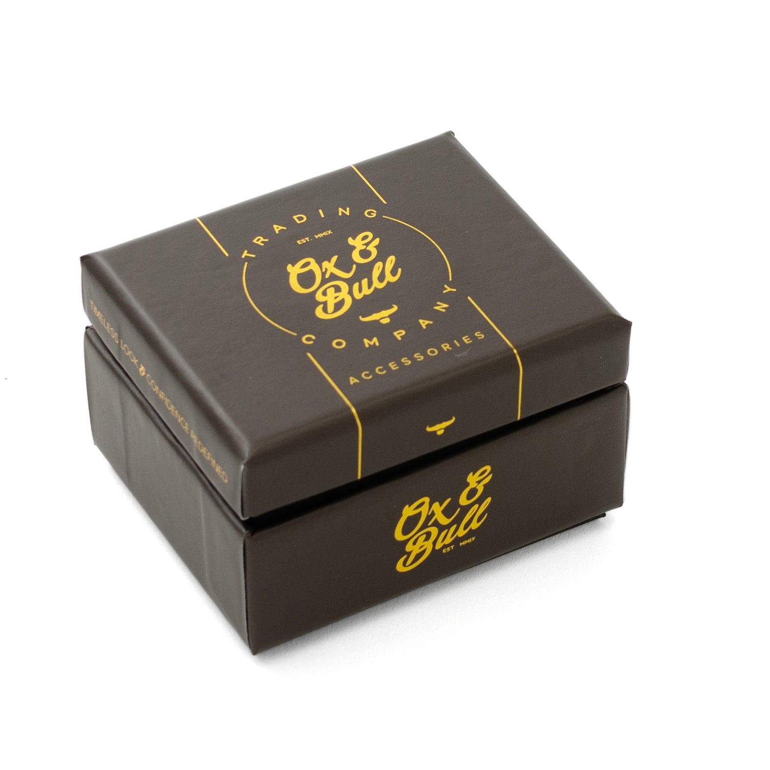 Black box with gold 'Ox & Bull' branding on a white background