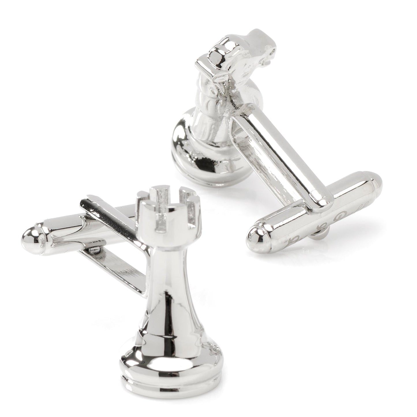 Silver chess piece cufflinks on a white background