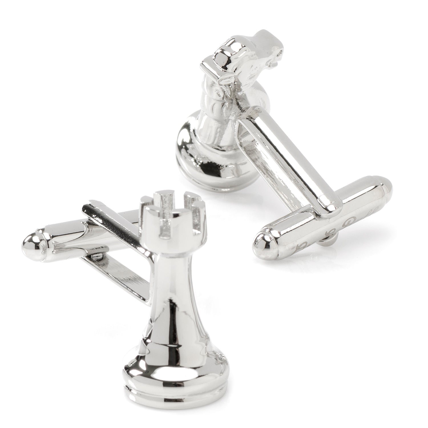 Silver chess piece cufflinks on a white background