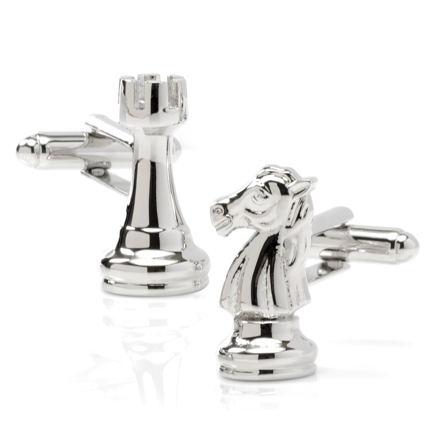 Silver chess piece cufflinks on a white background
