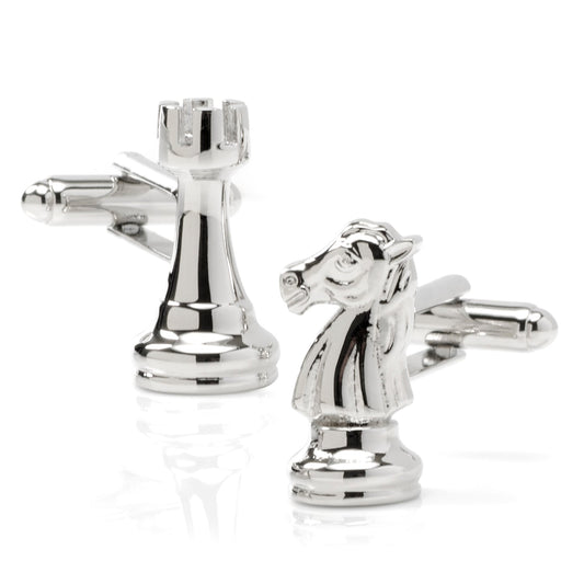 Silver chess piece cufflinks on a white background