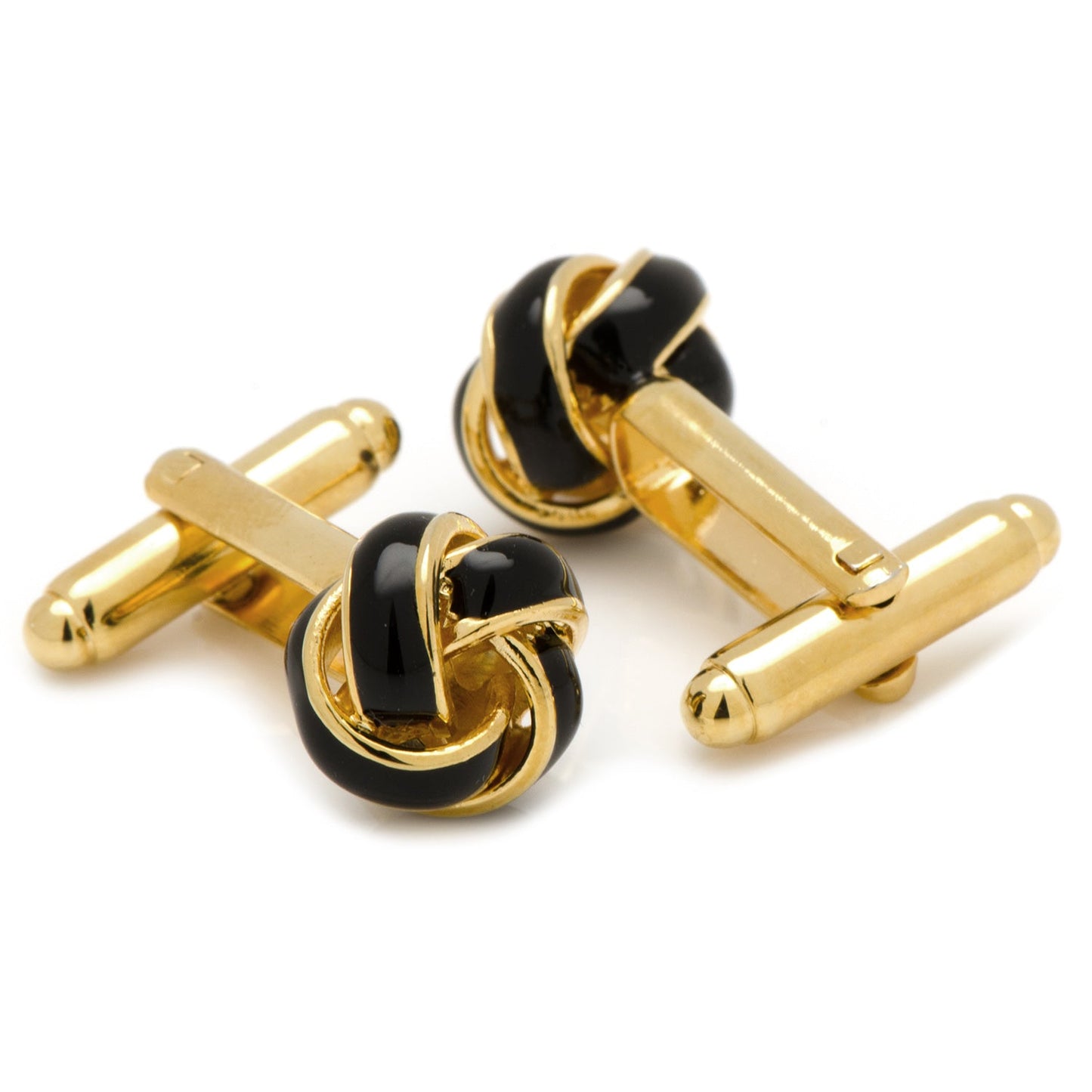 Gold and black knot cufflinks on a white background
