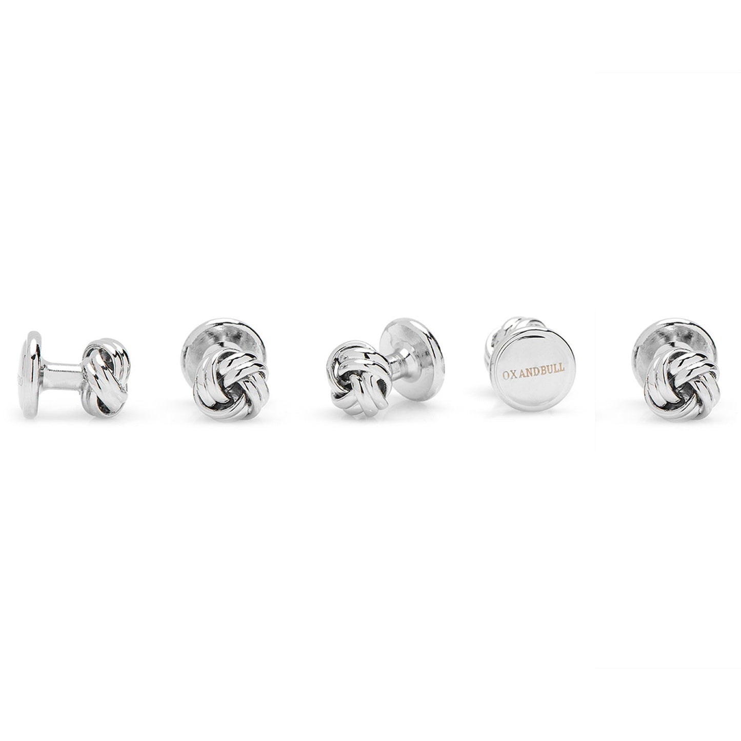 Set of silver knot cufflinks on a white background