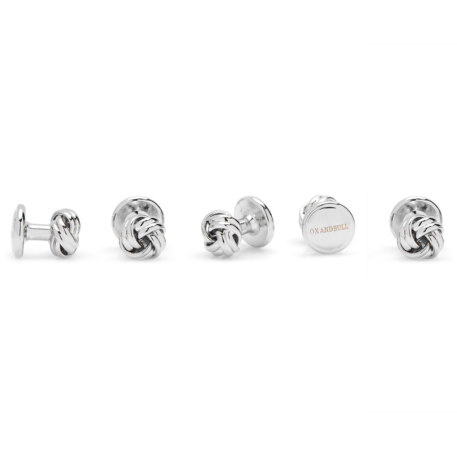 Set of silver knot cufflinks on a white background