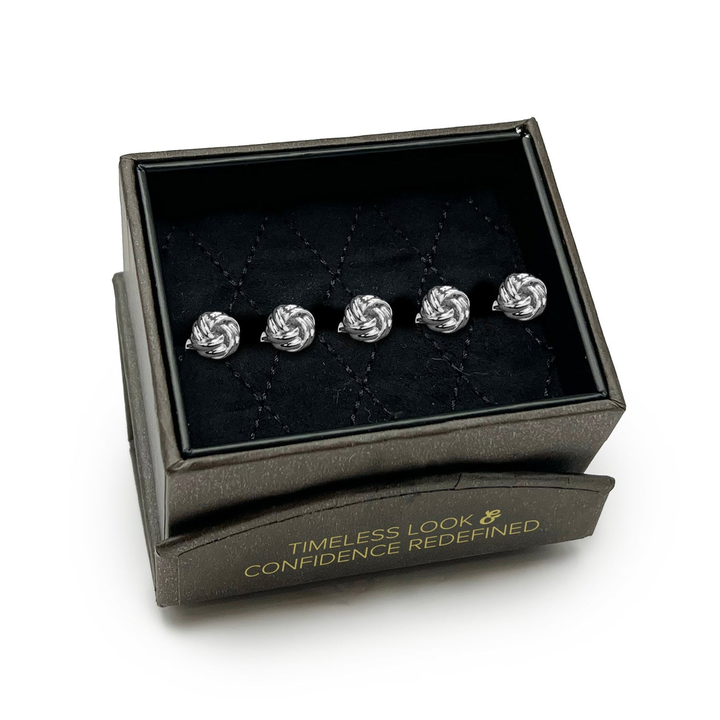Set of silver knot cufflinks in a black box with text on a white background