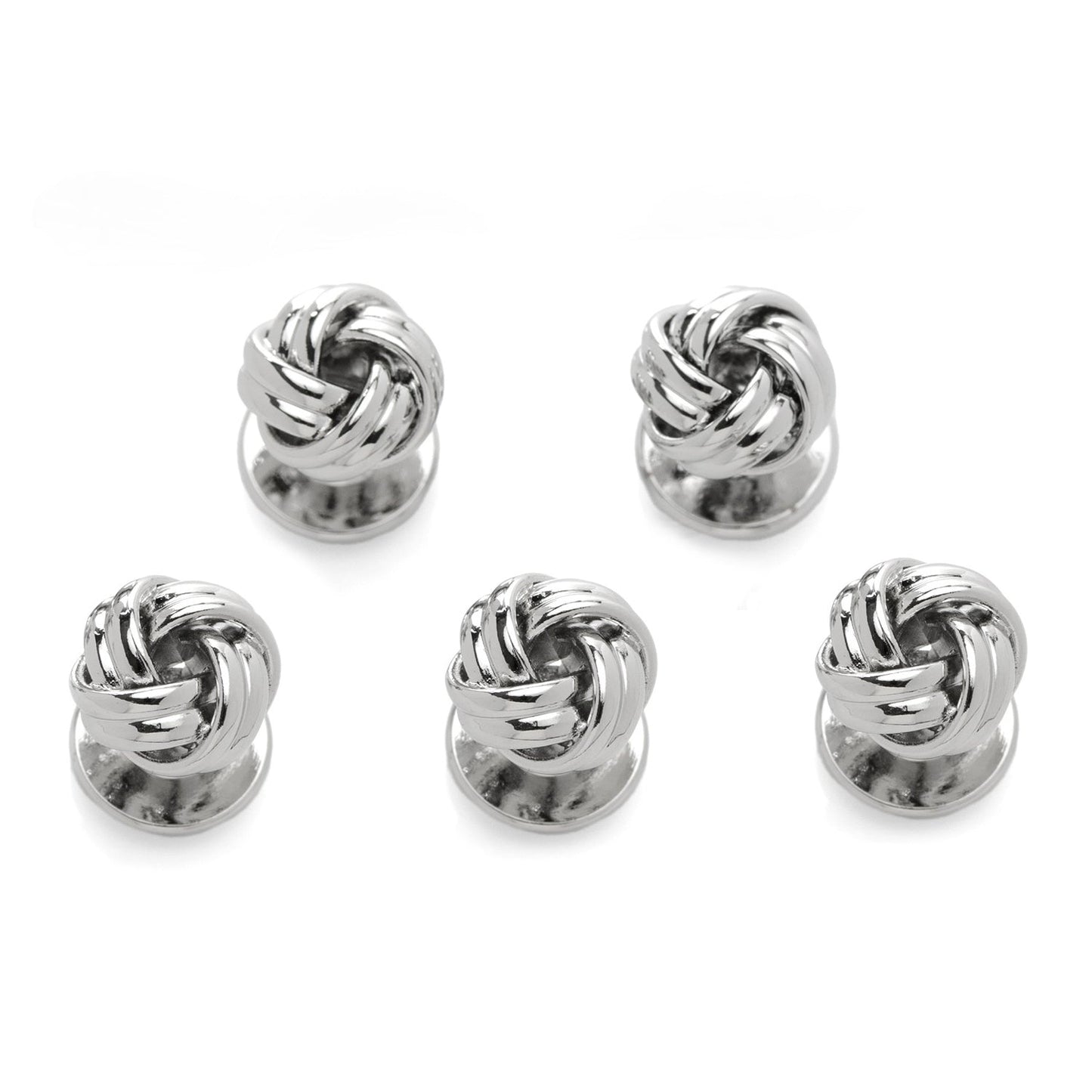 Set of six silver knot-shaped earrings on a white background