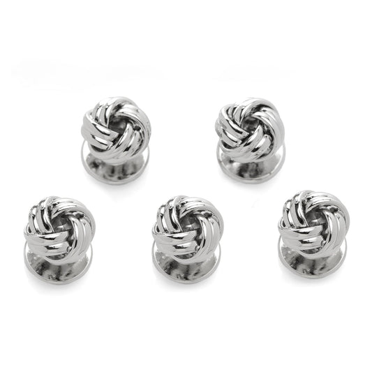 Set of six silver knot-shaped earrings on a white background