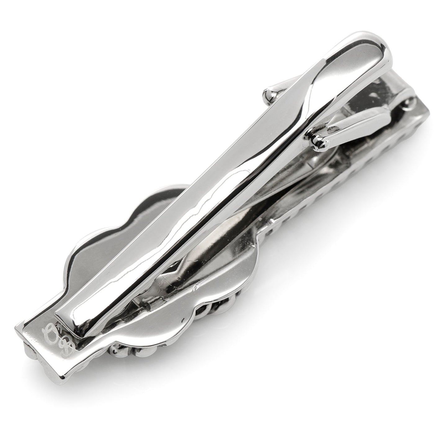 Silver tie clip on a white background