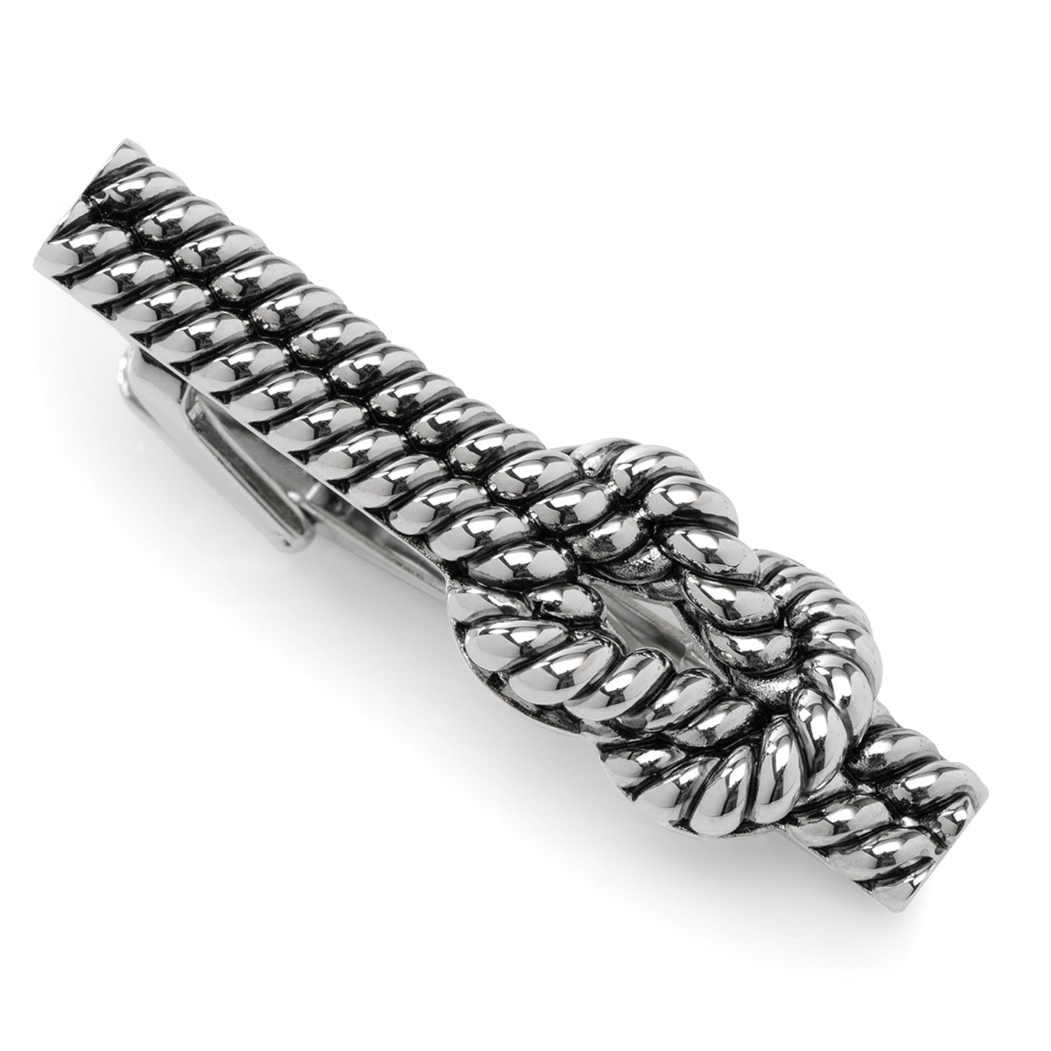 Silver rope-style tie clip on a white background
