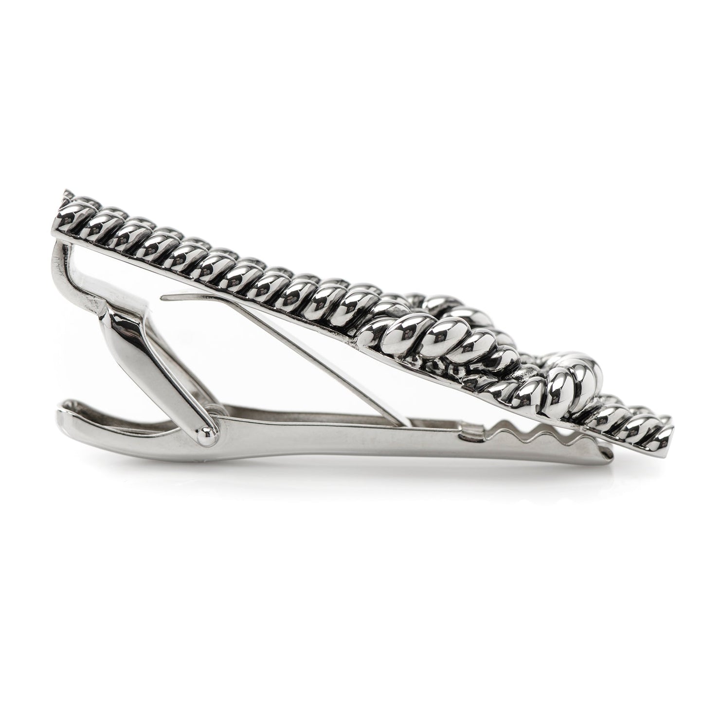 Silver tie clip with chain design on a white background