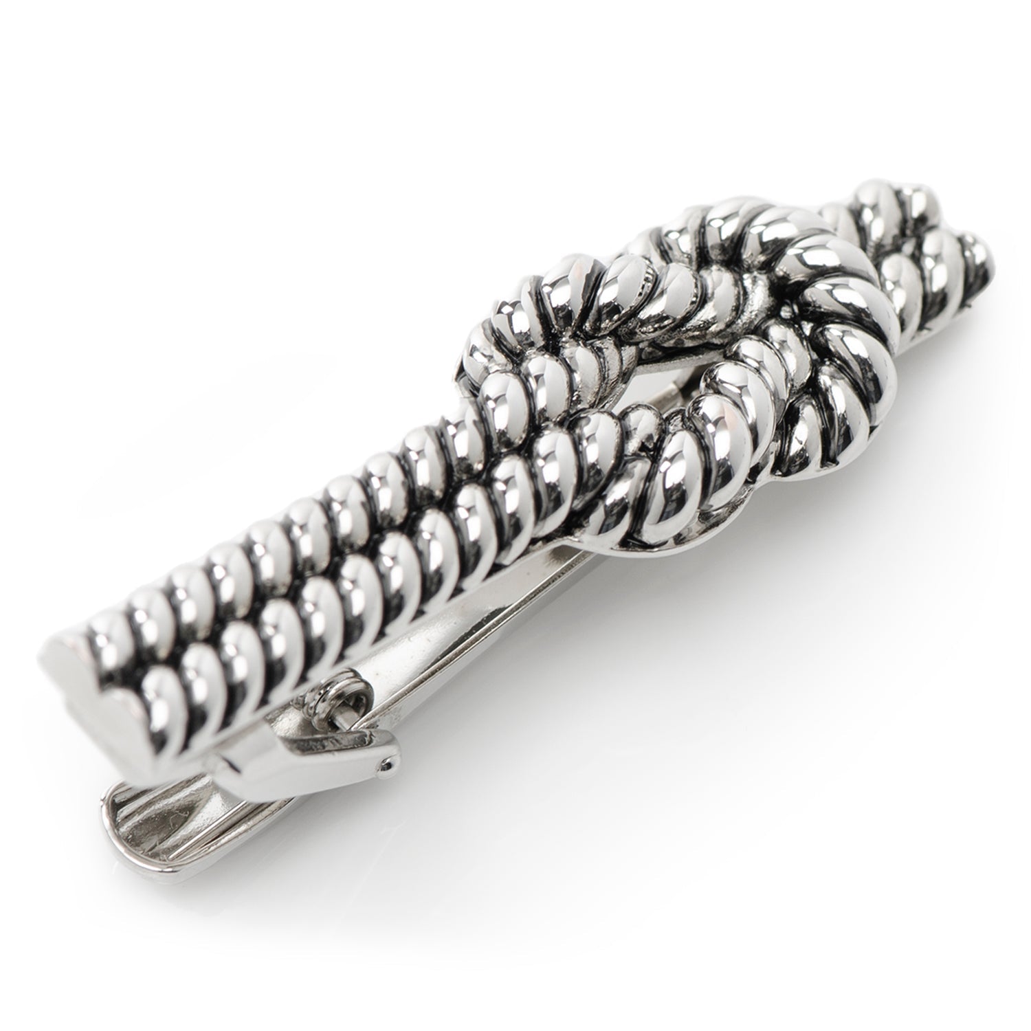 Silver rope tie clip on a white background
