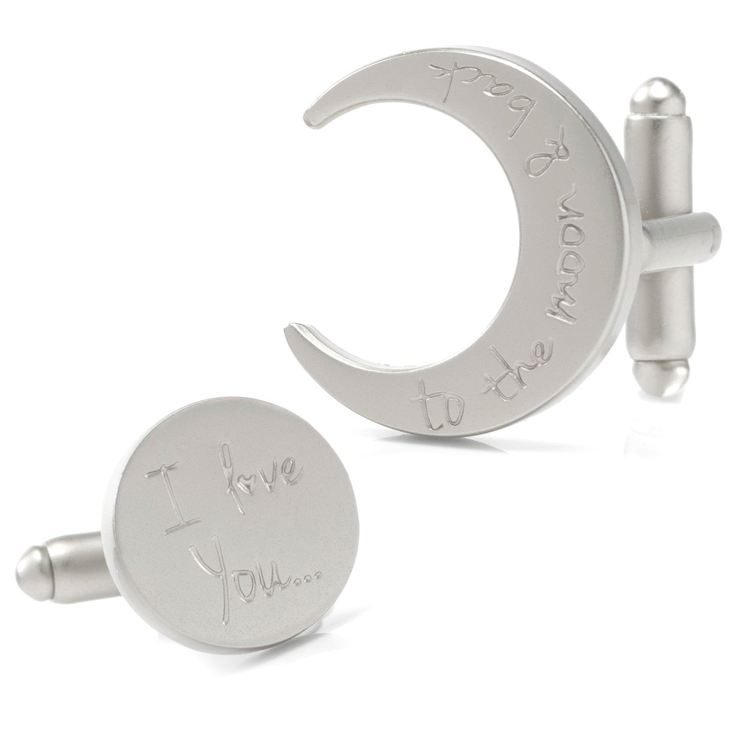 Silver cufflinks with engraved text on a white background