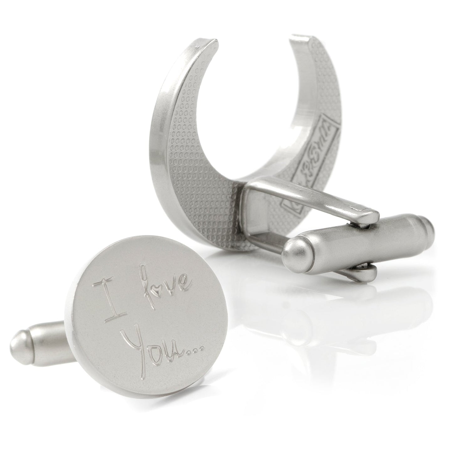 Silver cufflinks with 'I love you' engraving on a white background