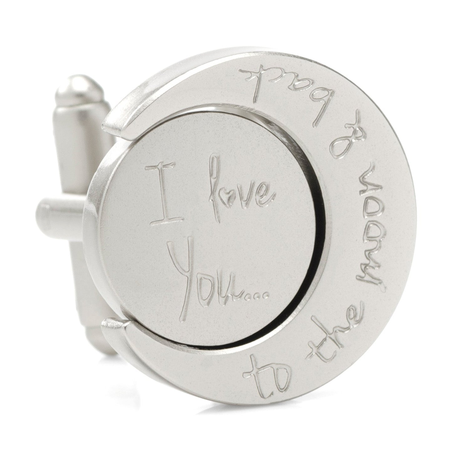 Silver cufflinks with 'I love you to the moon and back' engraving on a white background