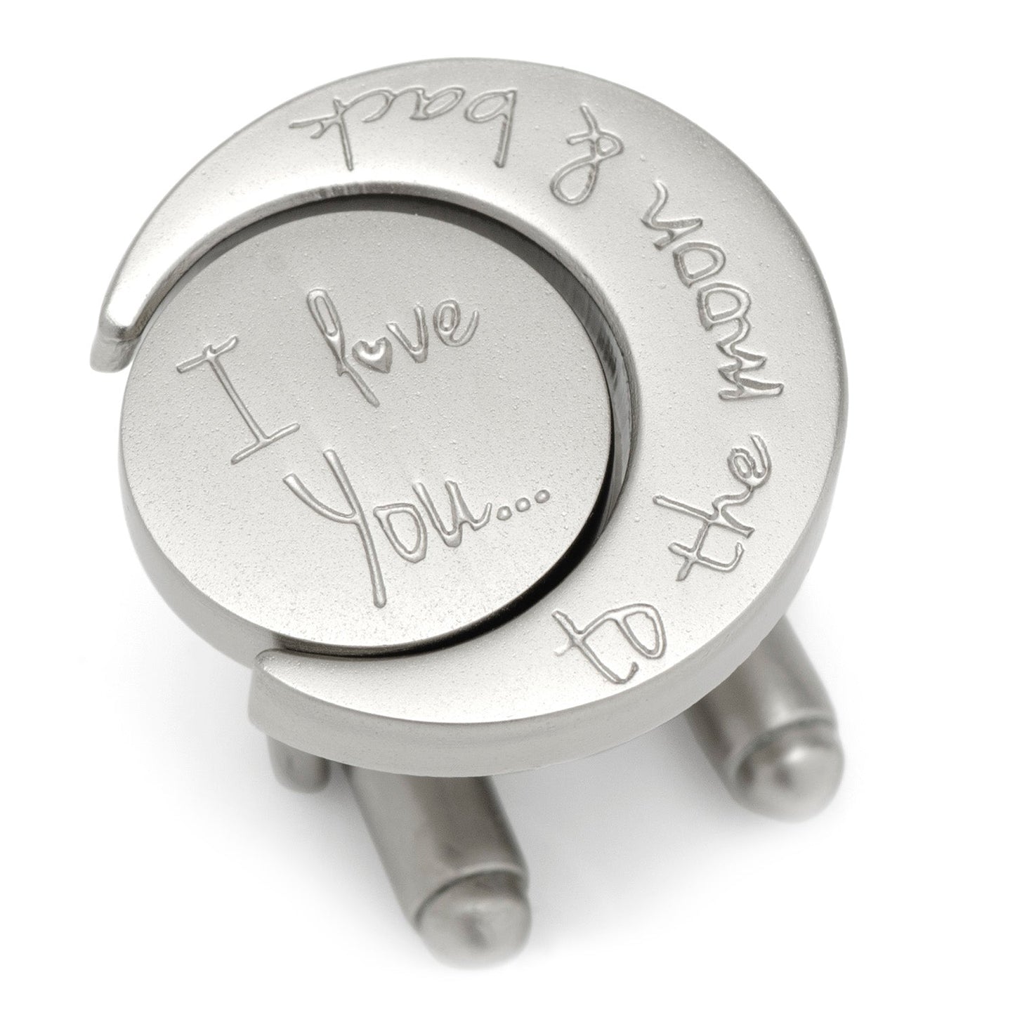 Silver cufflinks with engraved text on a white background