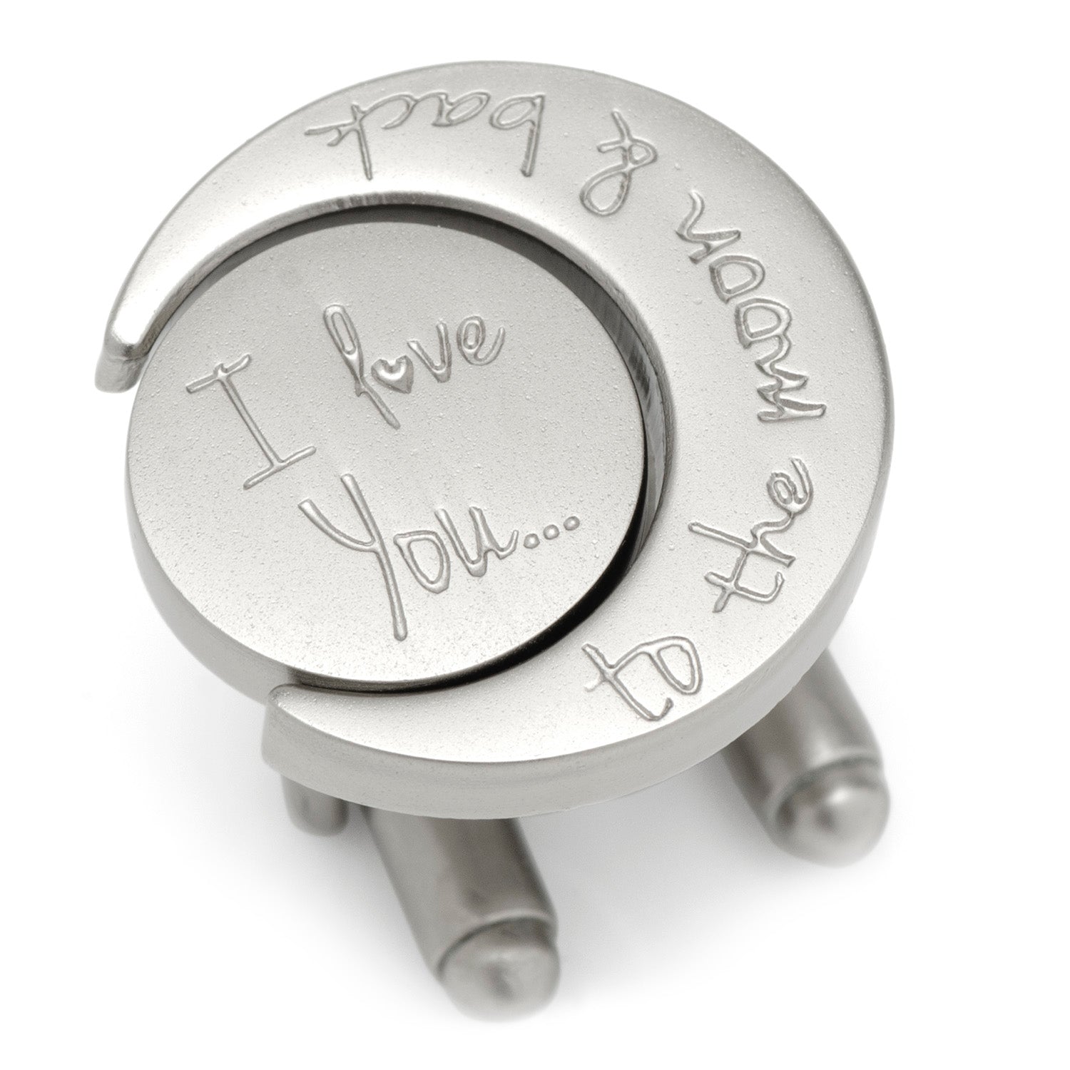 Silver cufflinks with engraved text on a white background