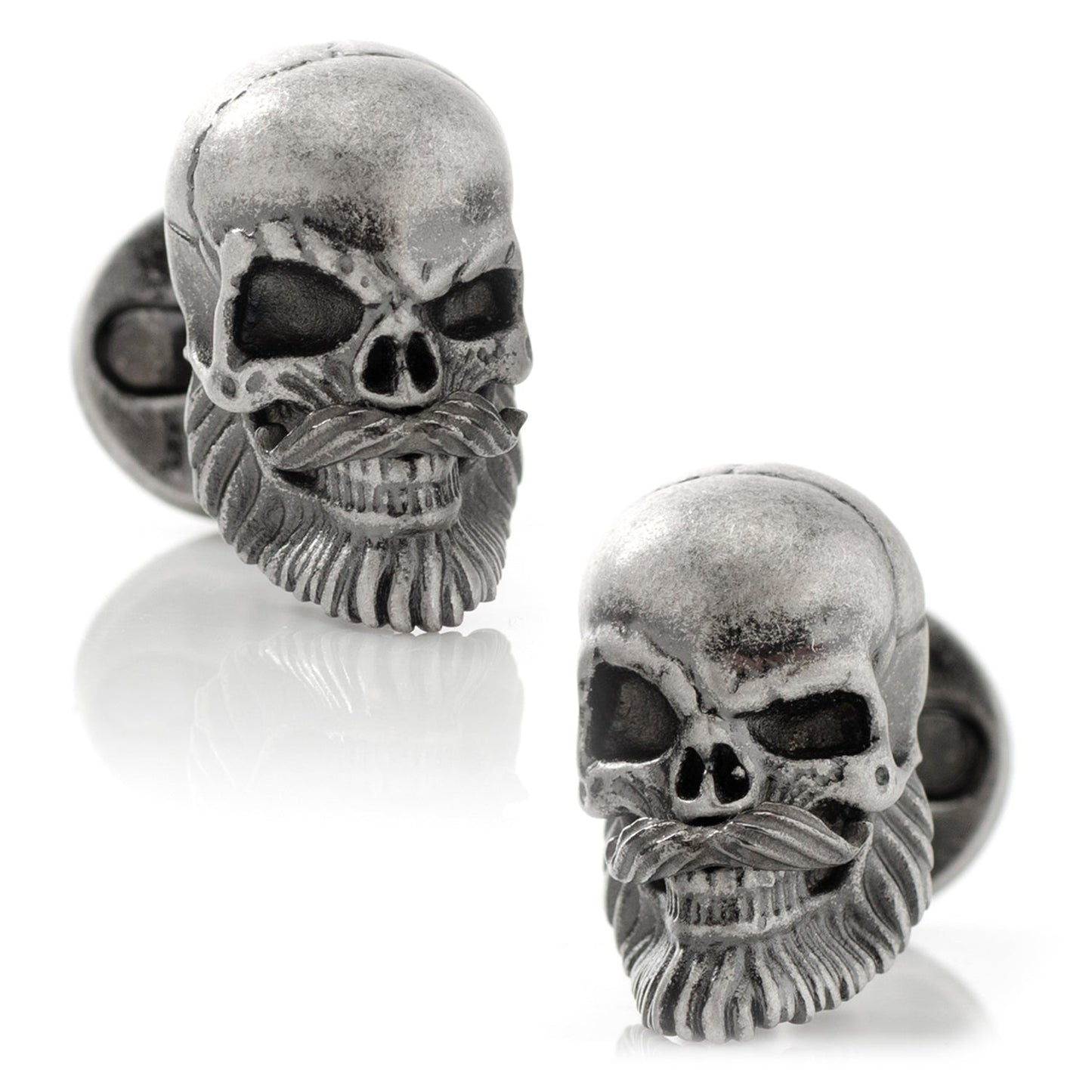 Pair of skull-shaped cufflinks with a beard on a white background
