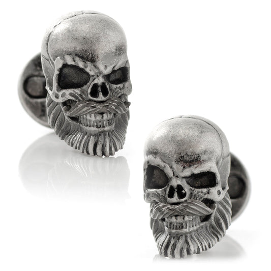 Pair of skull-shaped cufflinks with a beard on a white background