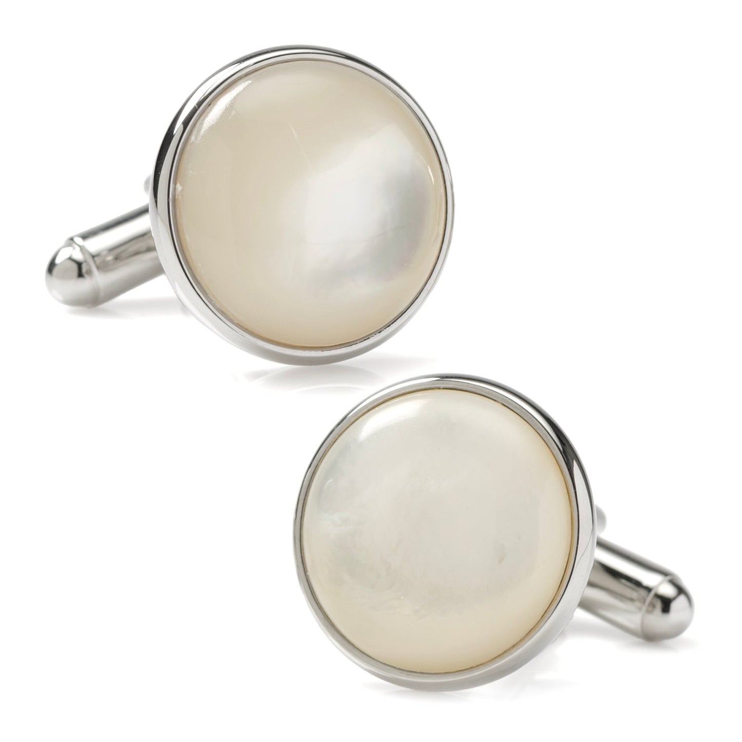 Pair of round cufflinks with a light-colored stone and silver metal on a white background