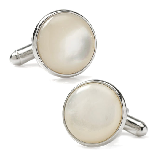Pair of round cufflinks with a light-colored stone and silver metal on a white background
