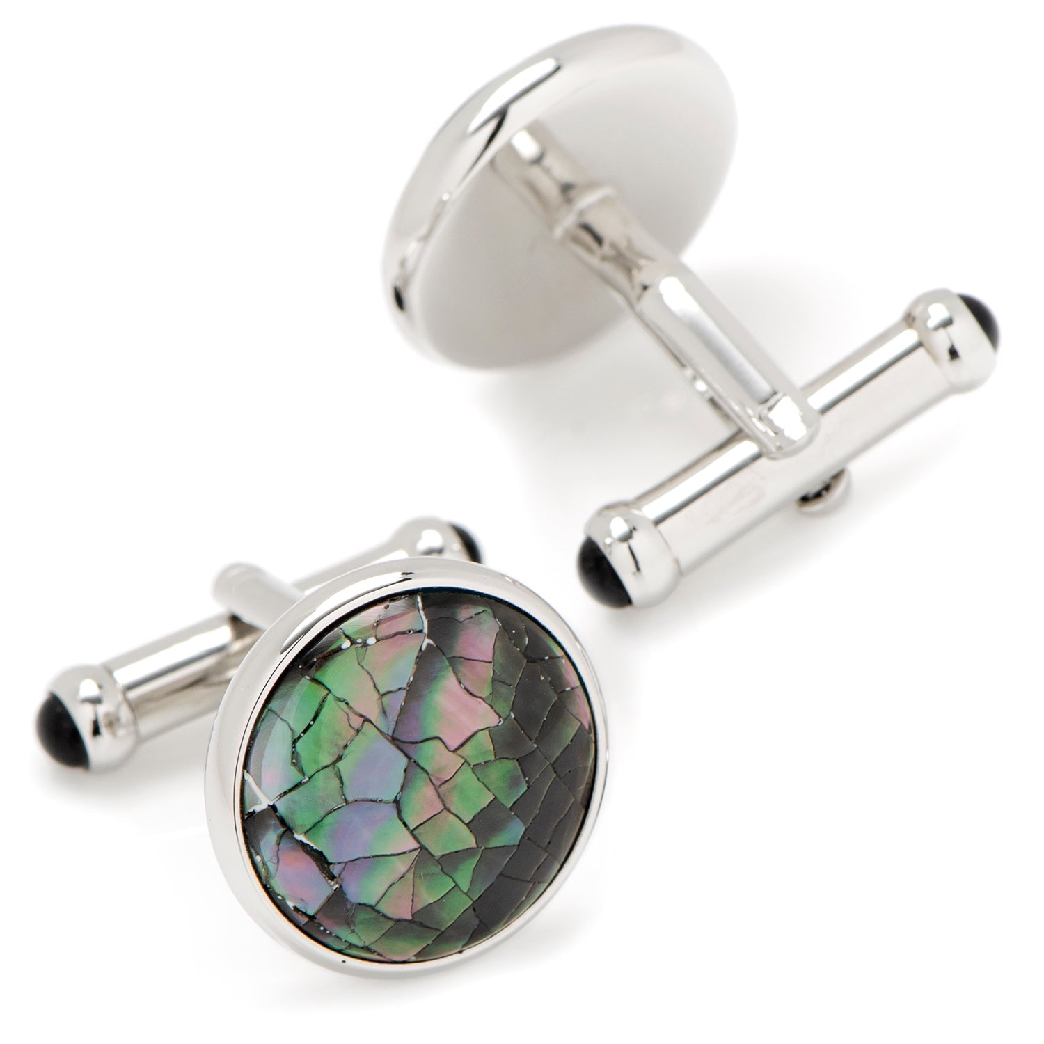 Cufflinks with a round design featuring a multicolored stone on a white background