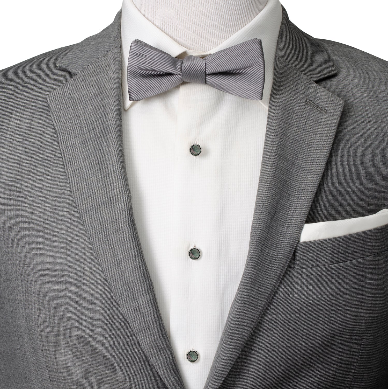 Gray tuxedo with a bow tie on a mannequin