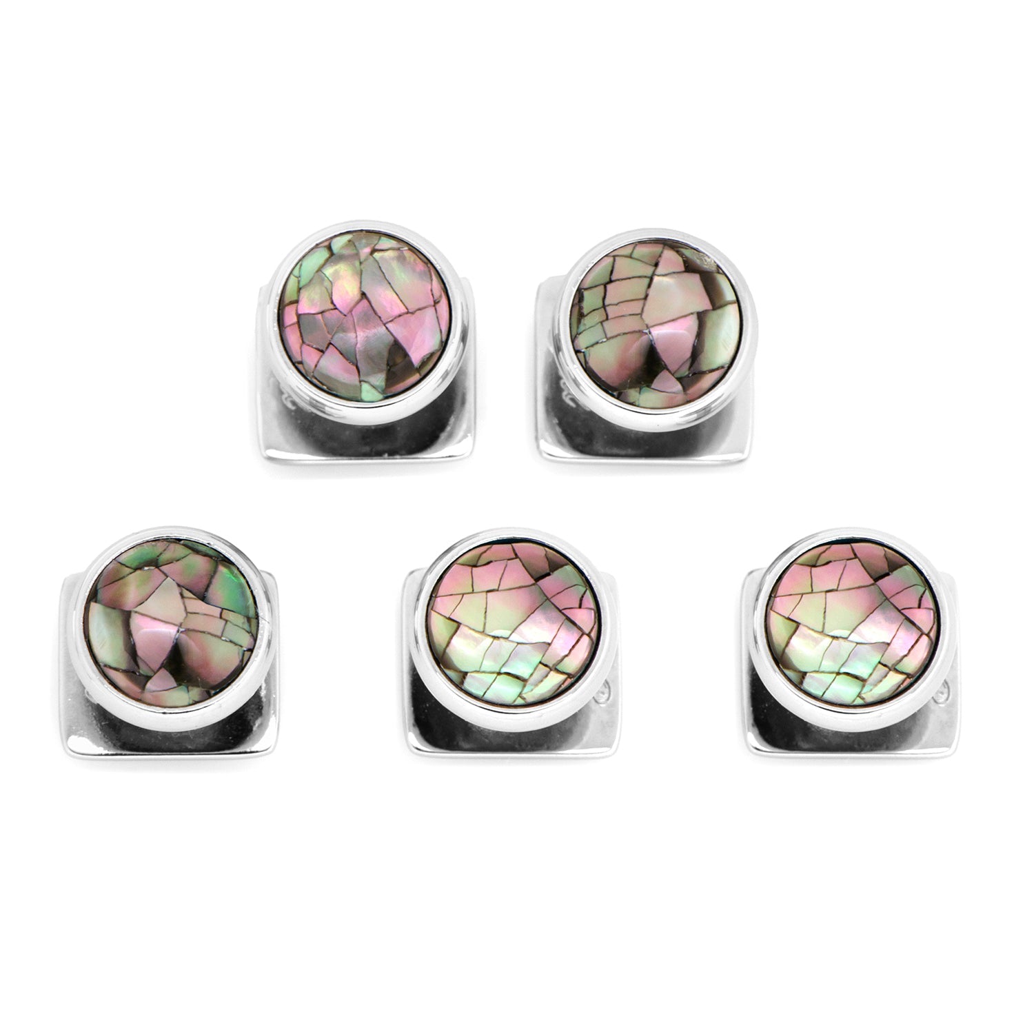 Set of six silver earrings with multicolored gemstones on a white background