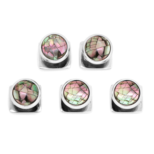 Set of six silver earrings with multicolored gemstones on a white background