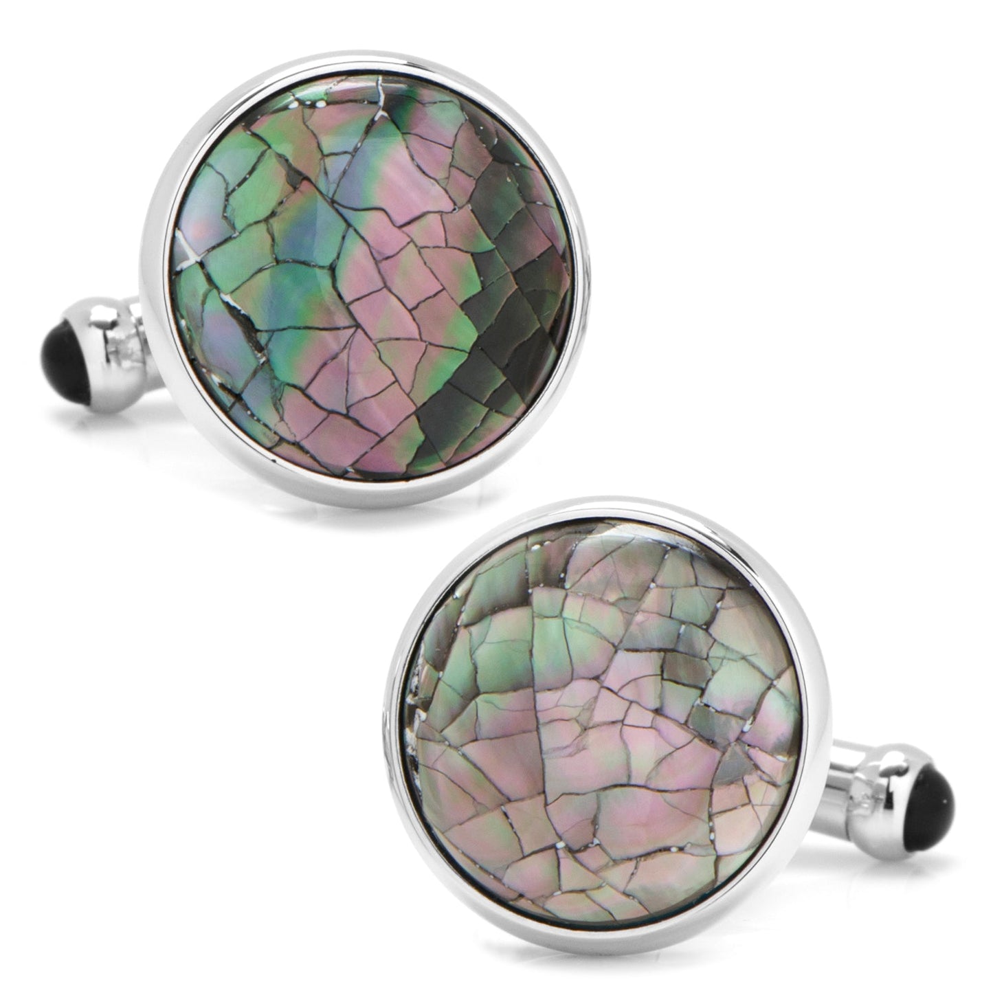 Round cufflinks with multicolored stone inlay on a white background
