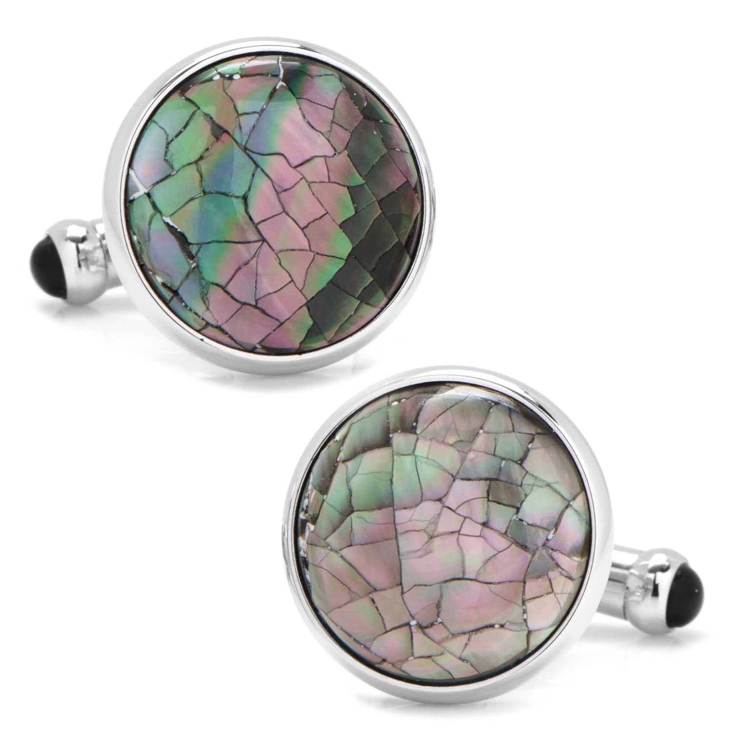 Round cufflinks with multicolored stone inlay on a white background