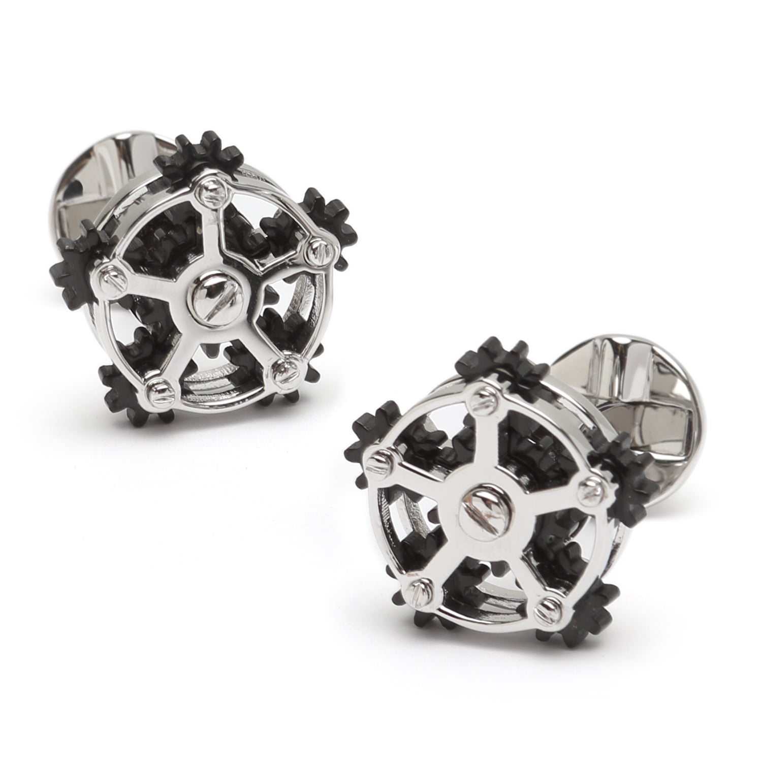 Pair of silver and black cufflinks on a white background
