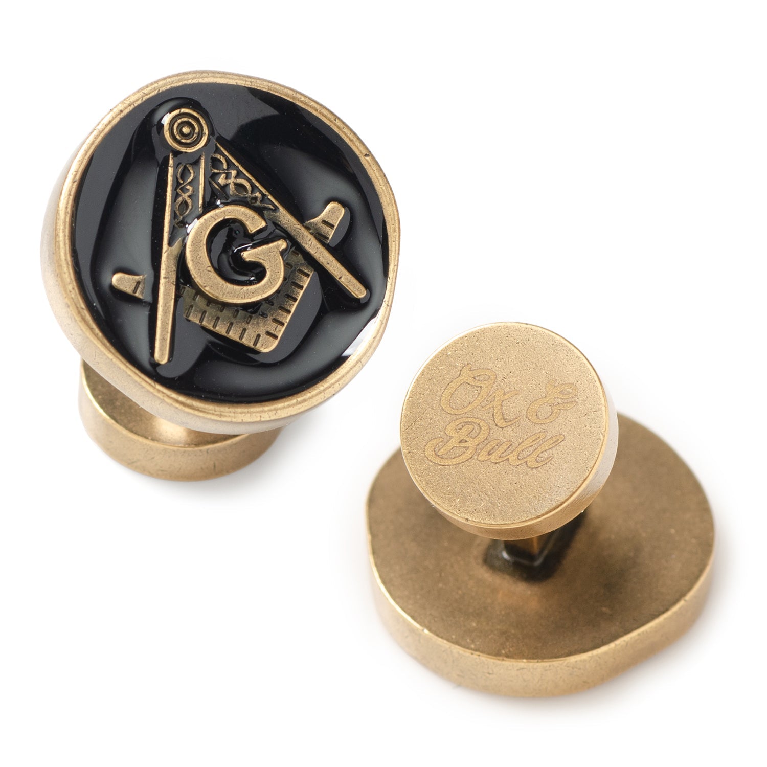 Gold and black Masonic symbol cufflinks on a white background