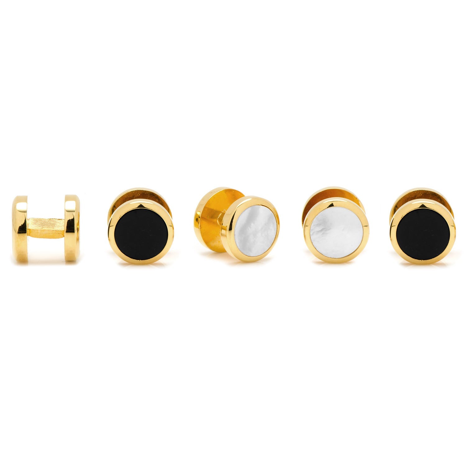 Set of gold and black earrings on a white background