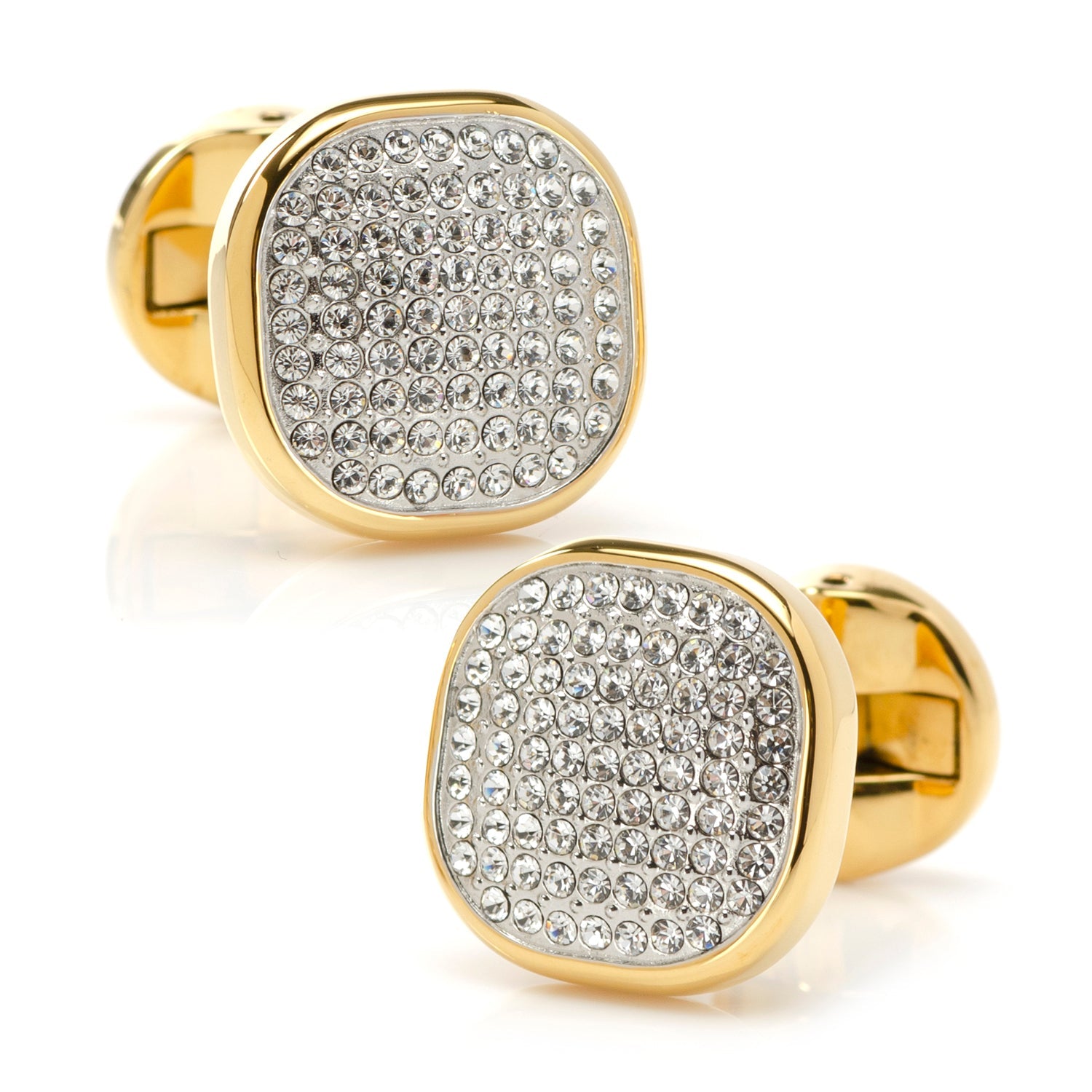Gold cufflinks with crystal embellishments on a white background