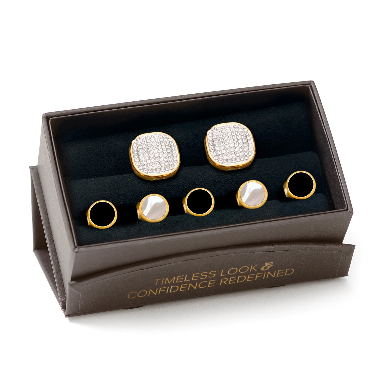 Set of cufflinks in a branded box on a white background