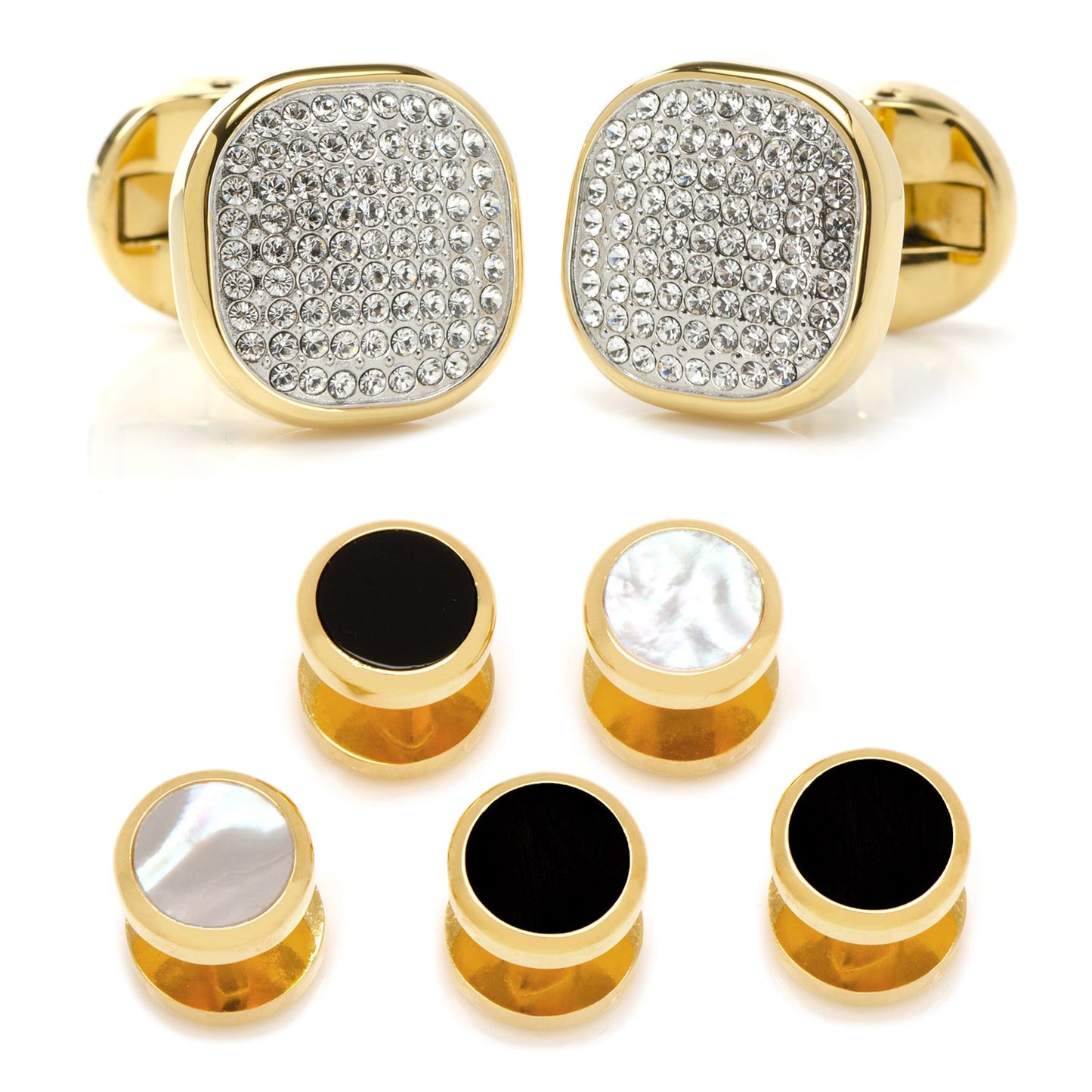 Set of gold cufflinks and tie bars with gemstone and black stone designs on a white background
