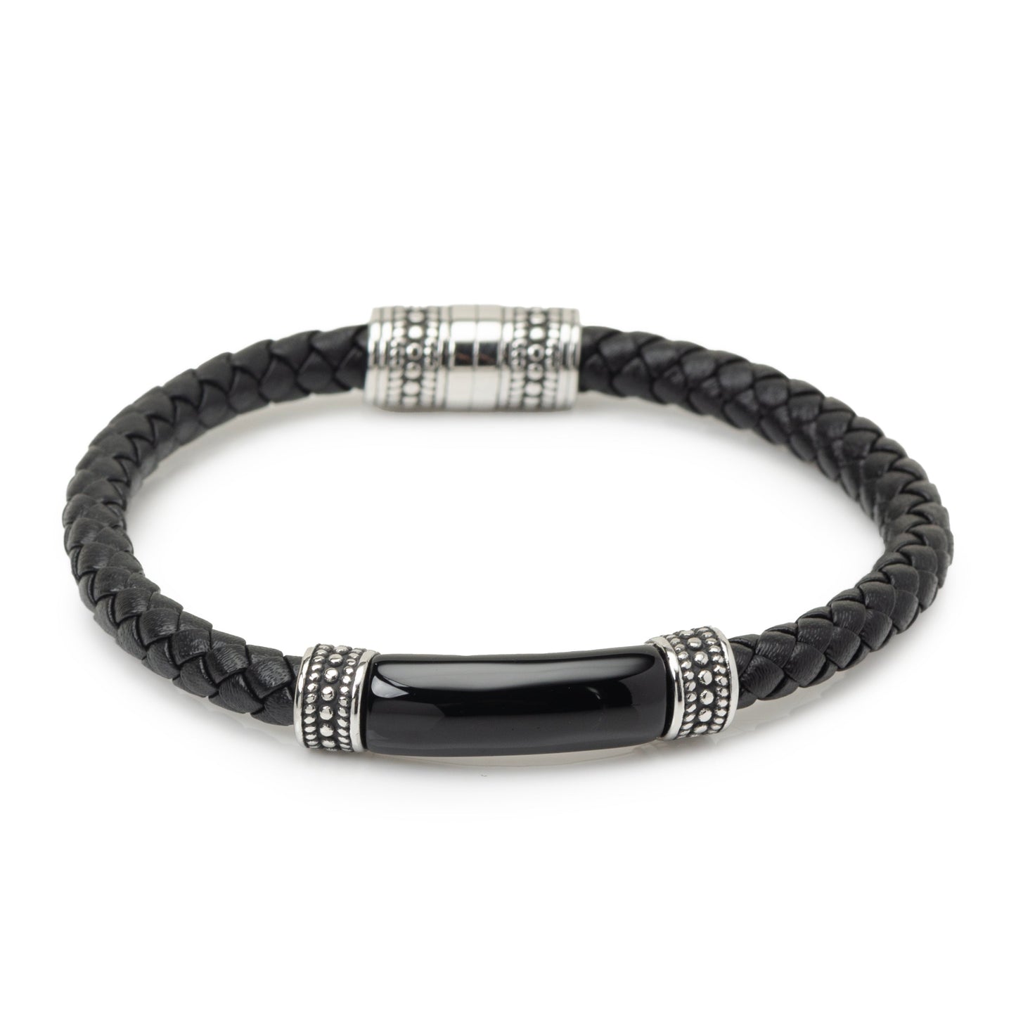 Black braided leather bracelet with silver and black magnetic clasp on a white background
