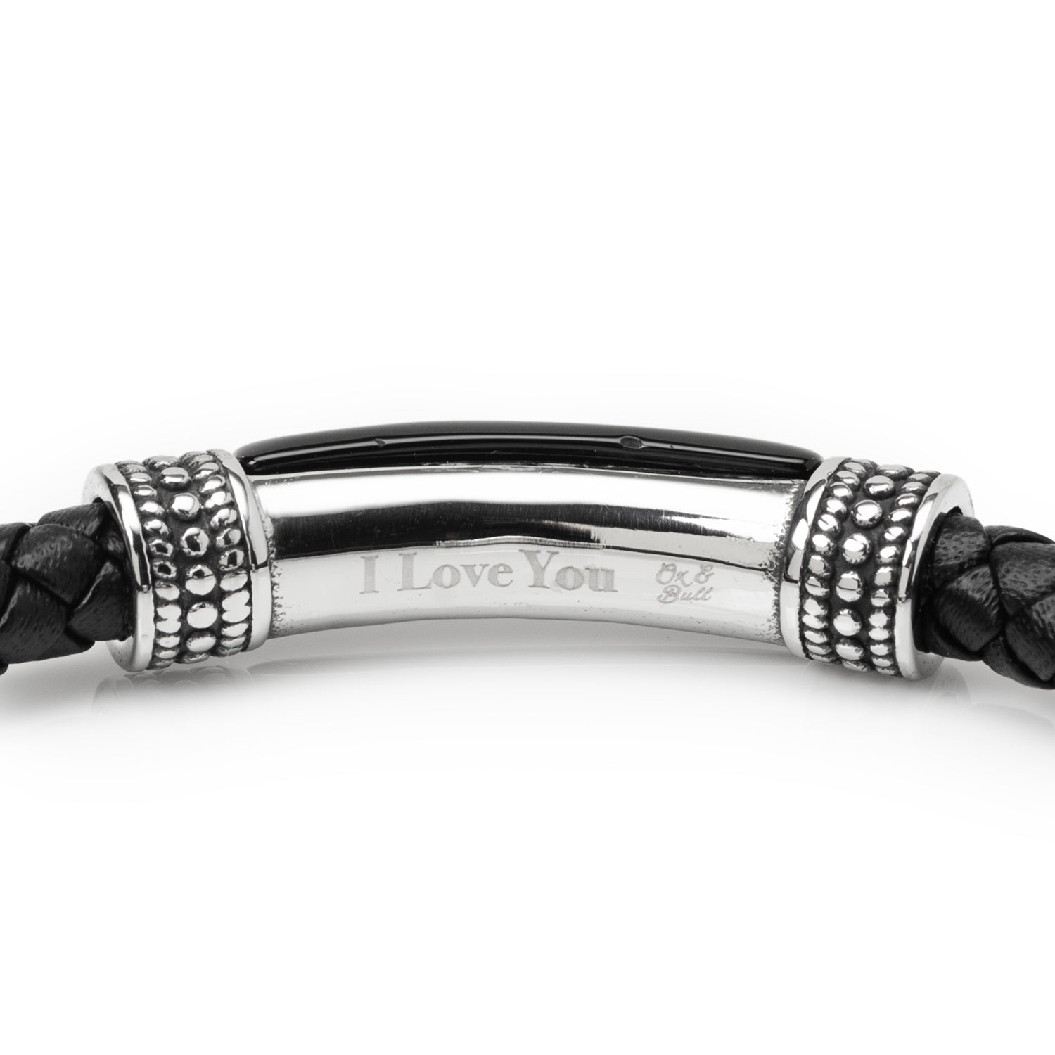 Silver bracelet with 'I Love You' engraving on a white background