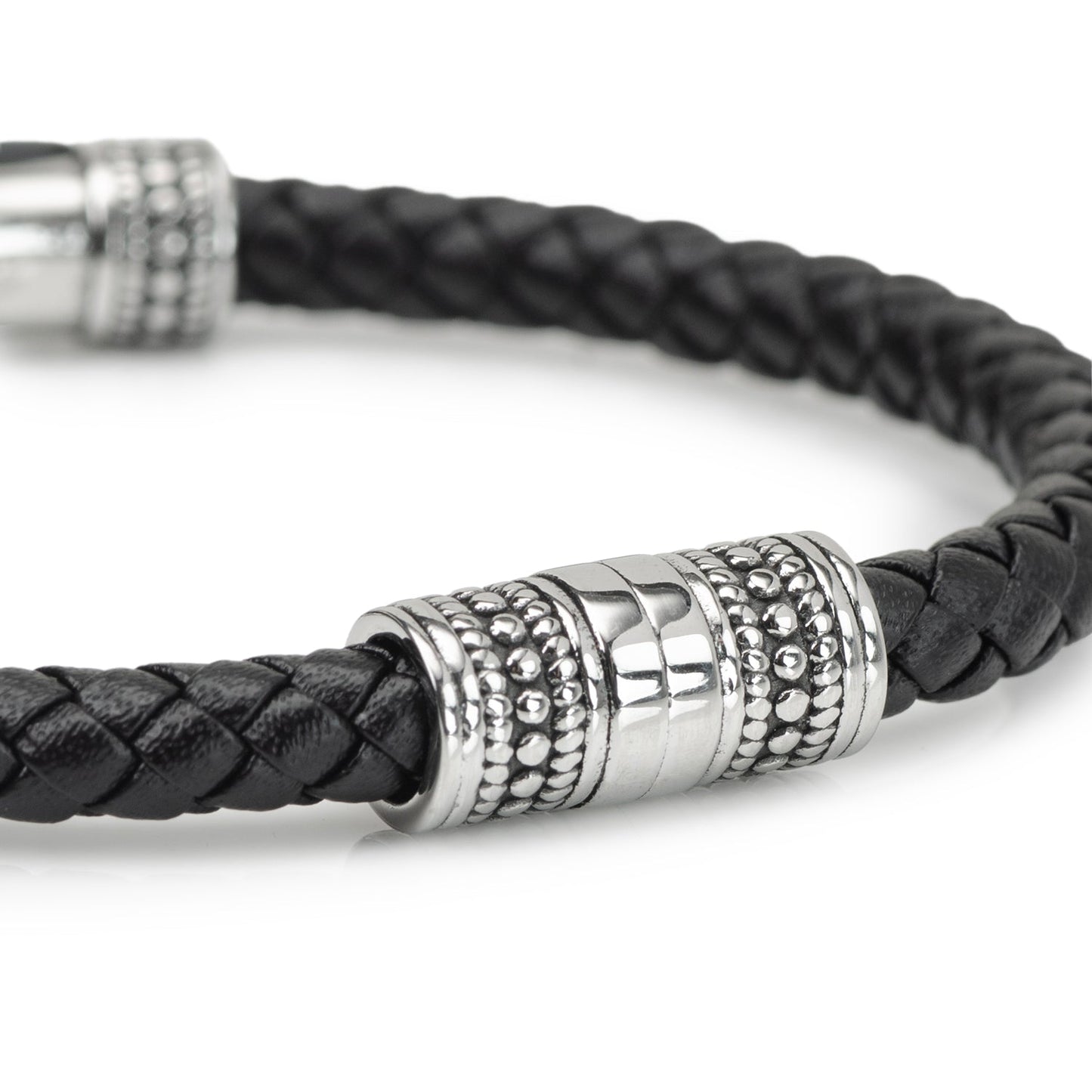 Black braided leather bracelet with silver metal clasp on a white background