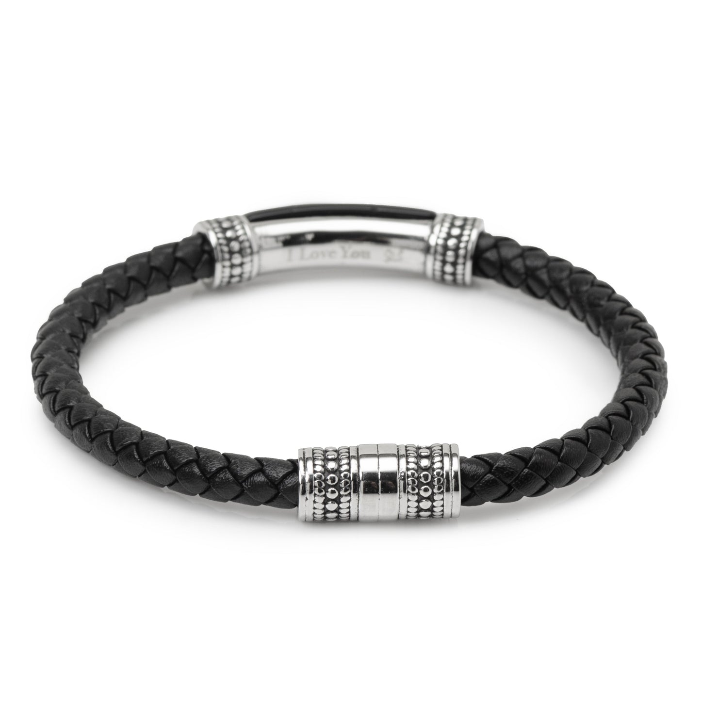 Black braided leather bracelet with silver metal clasp on a white background