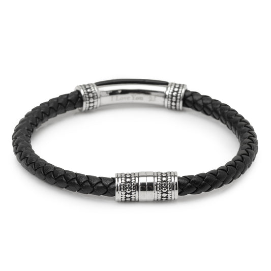 Black braided leather bracelet with silver metal clasp on a white background