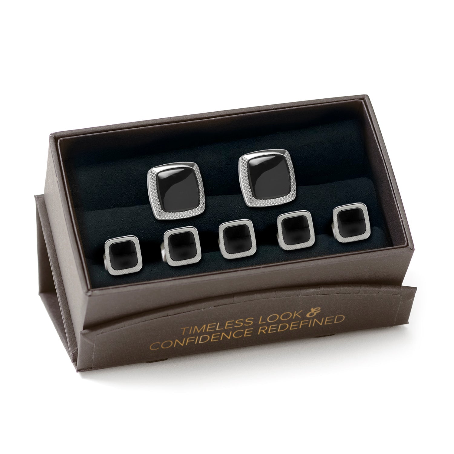 Set of cufflinks in a branded box on a white background