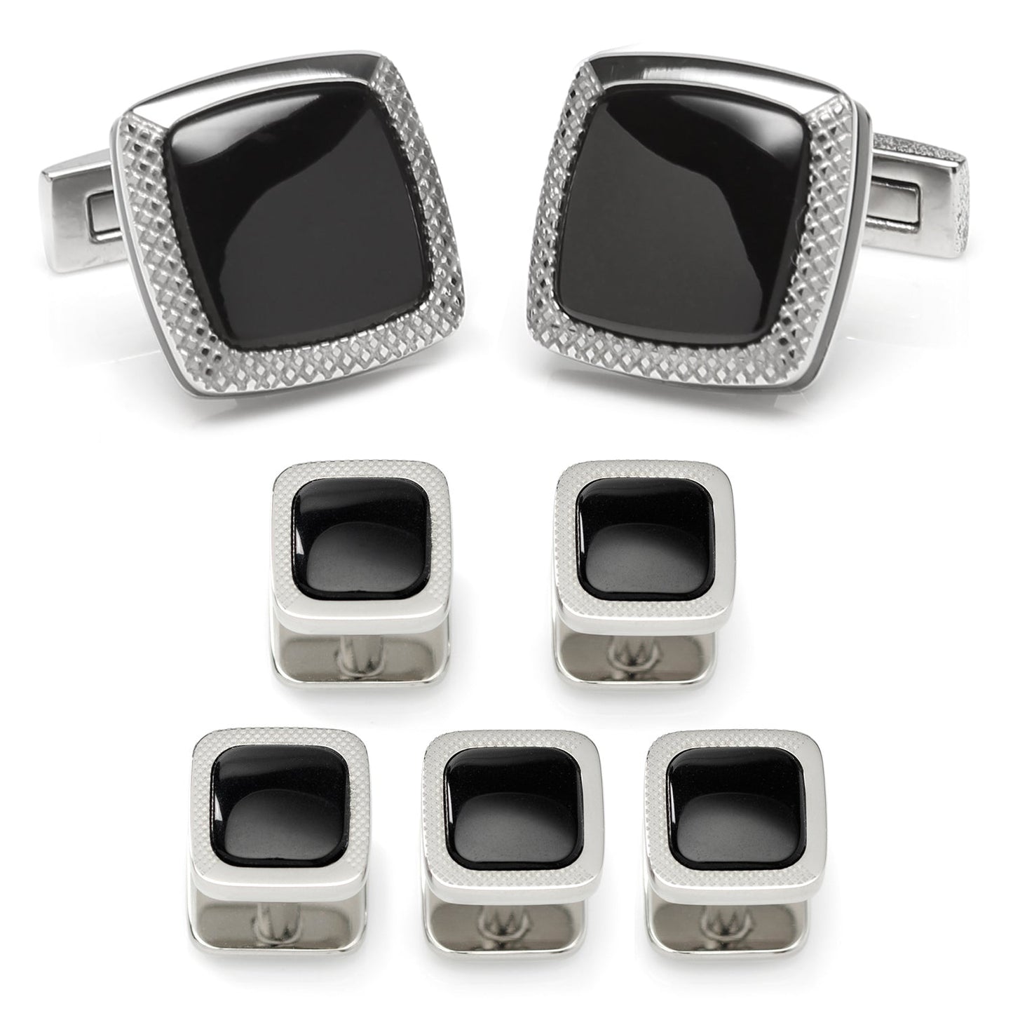 Set of black square cufflinks with silver borders on a white background