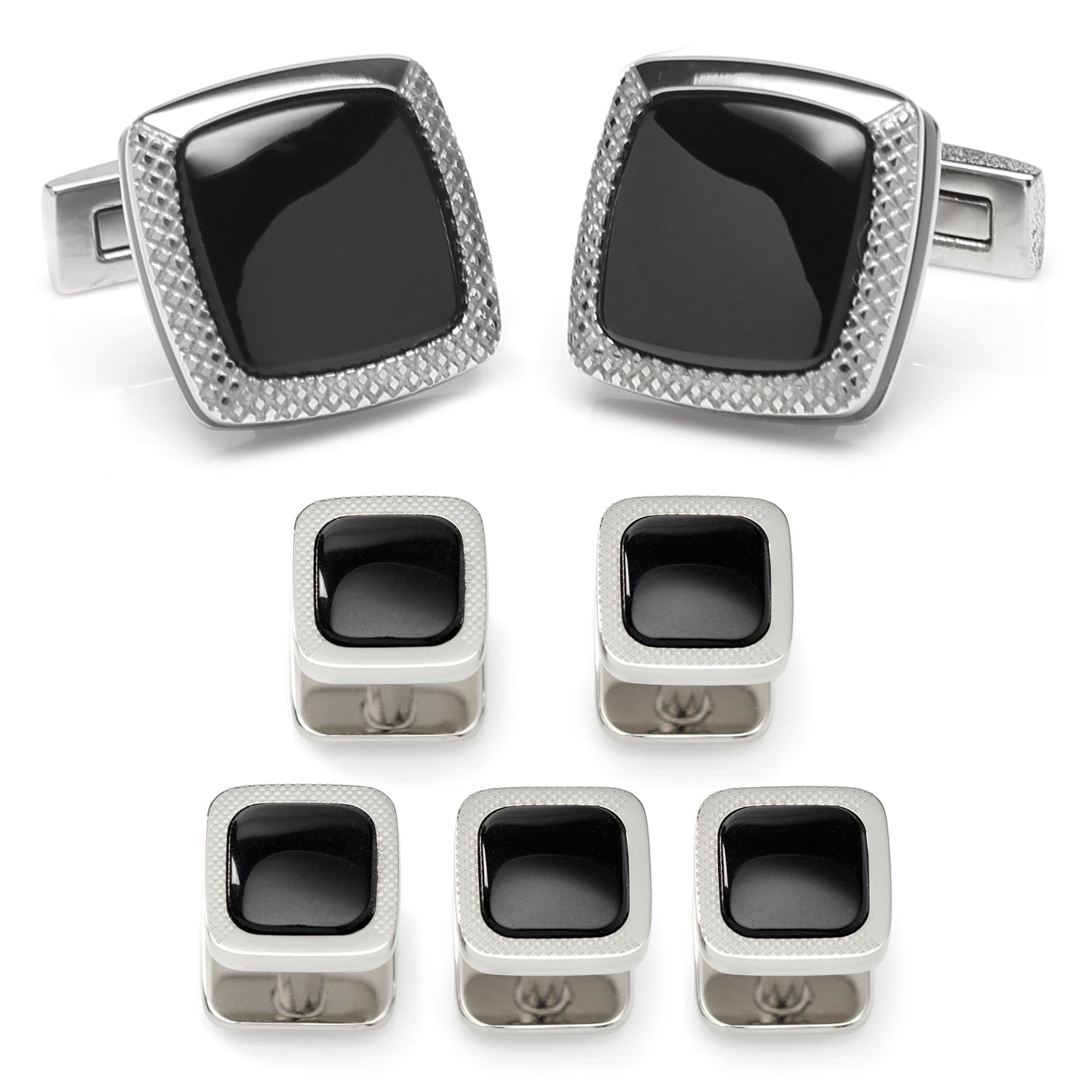 Set of black square cufflinks with silver borders on a white background