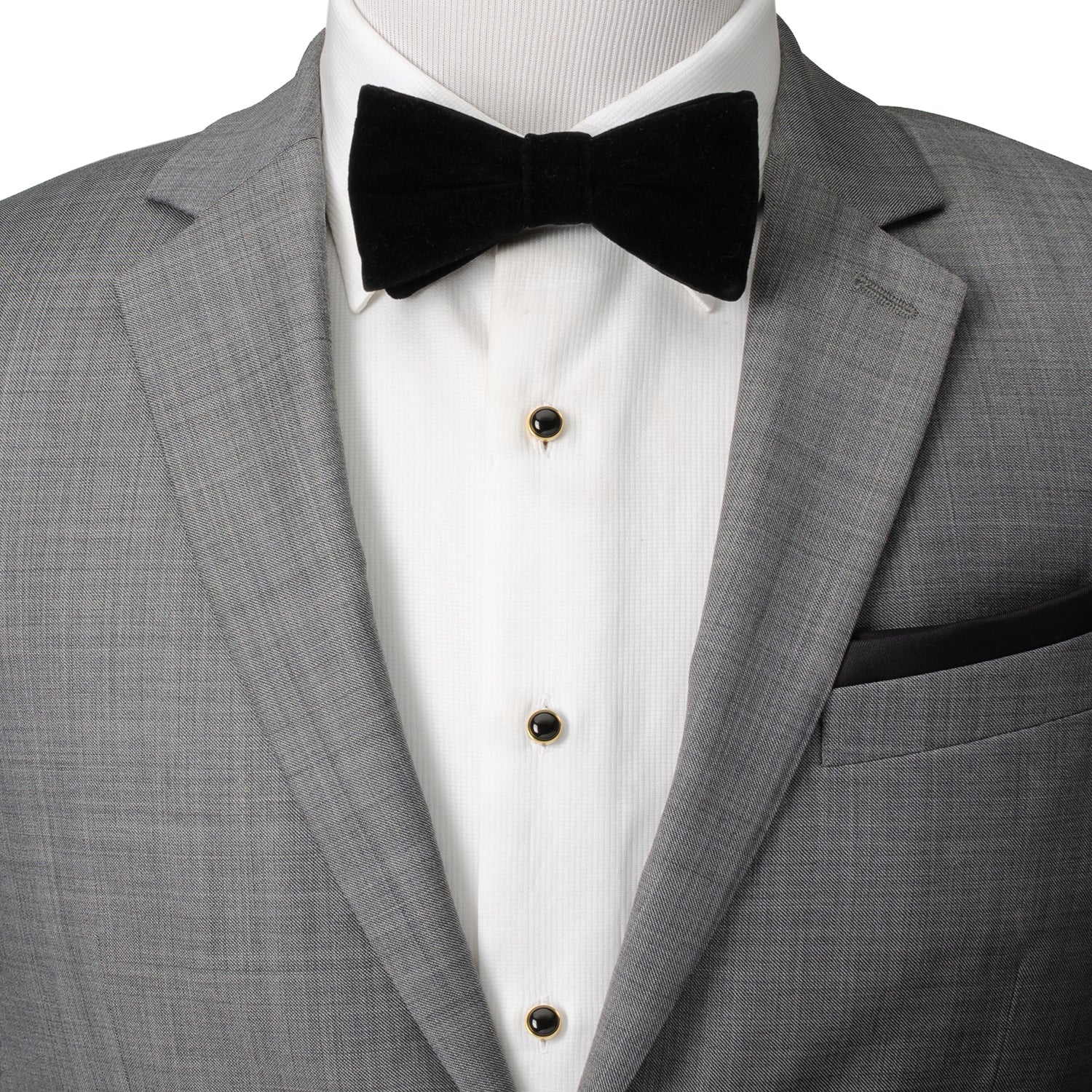 Gray tuxedo with a black bow tie on a mannequin