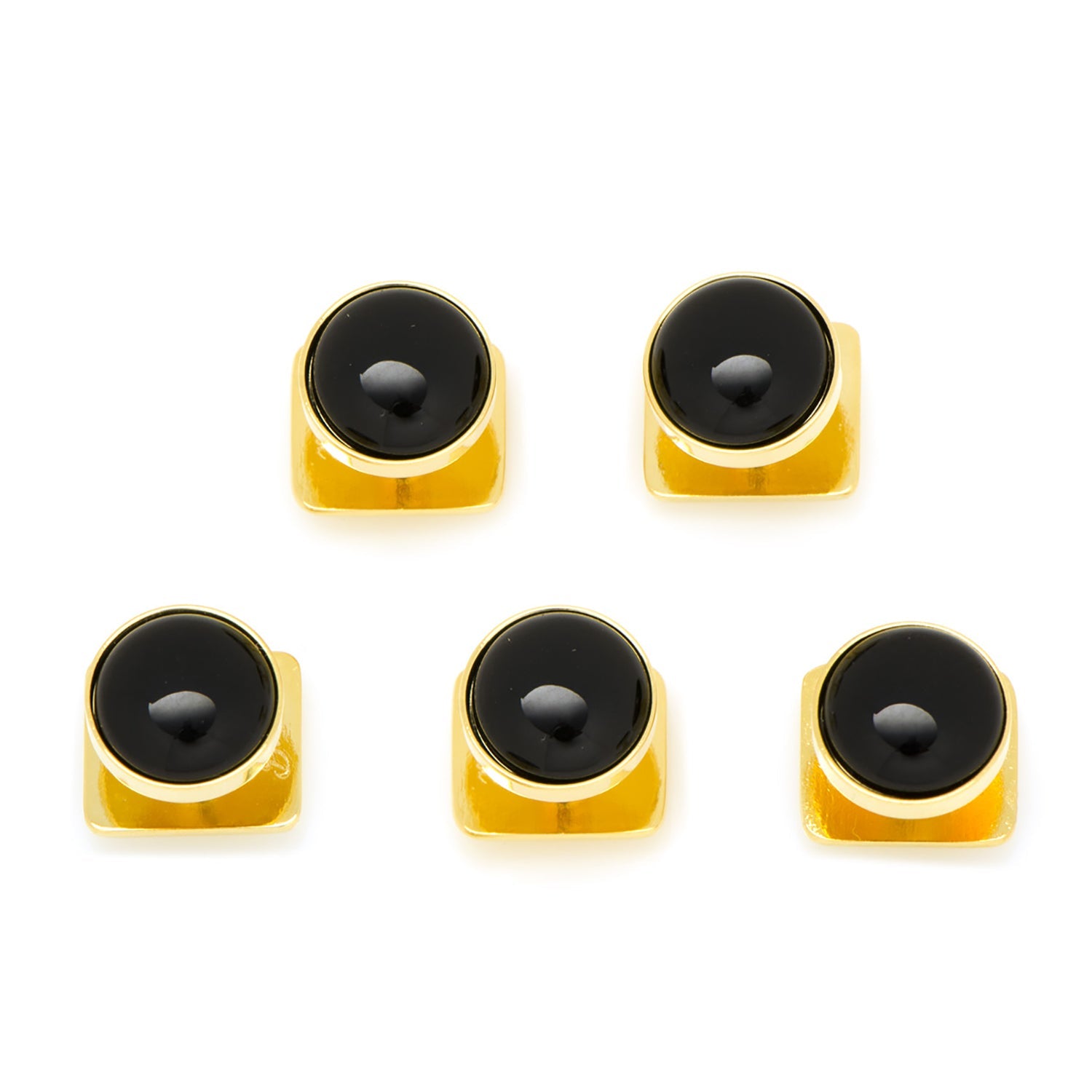 Five gold and black stud earrings on a white background