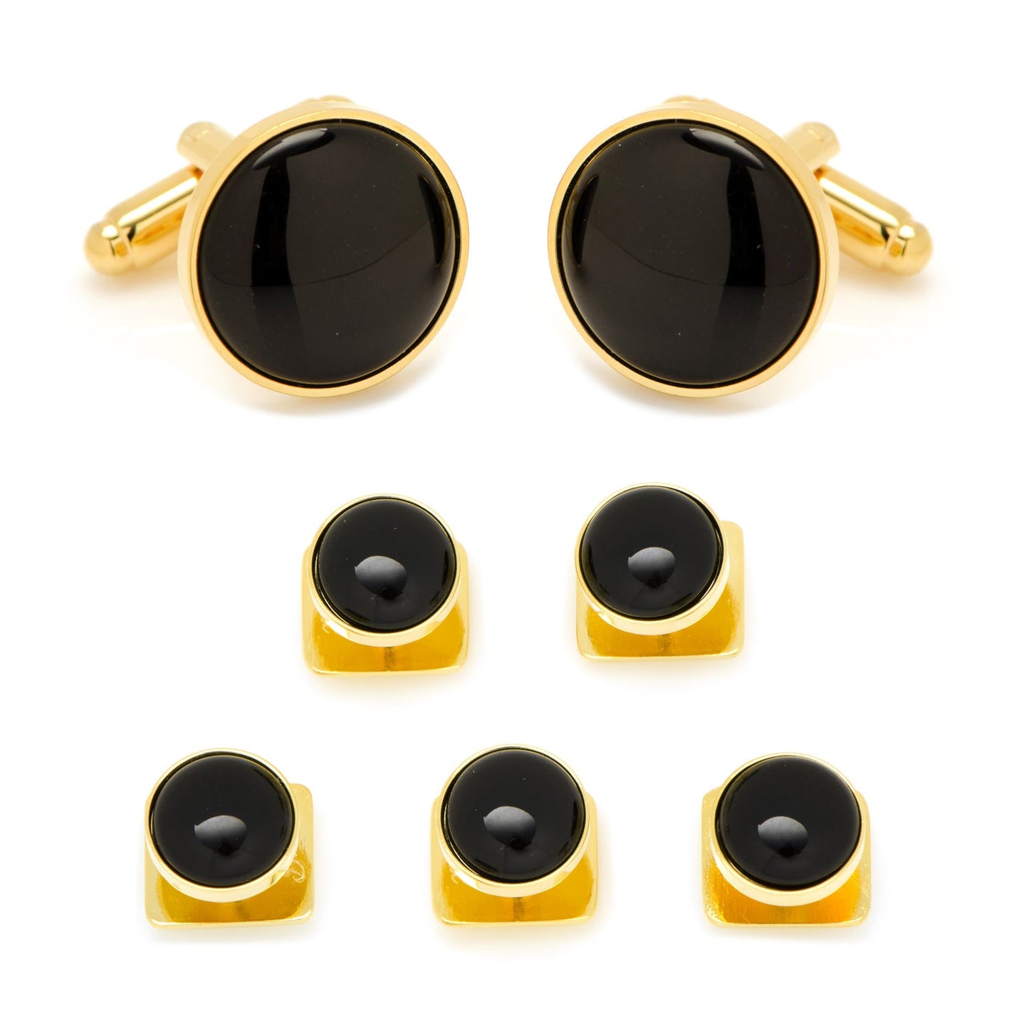 Set of black gemstone cufflinks and matching buttons on a white background