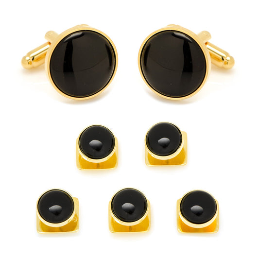 Set of black gemstone cufflinks and matching buttons on a white background