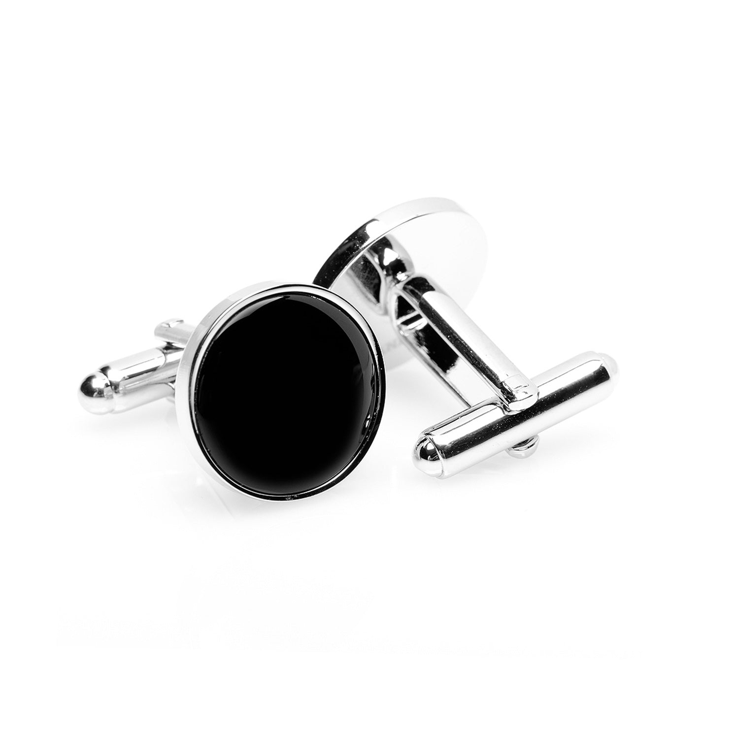 Cufflinks with a black round stone on a white background